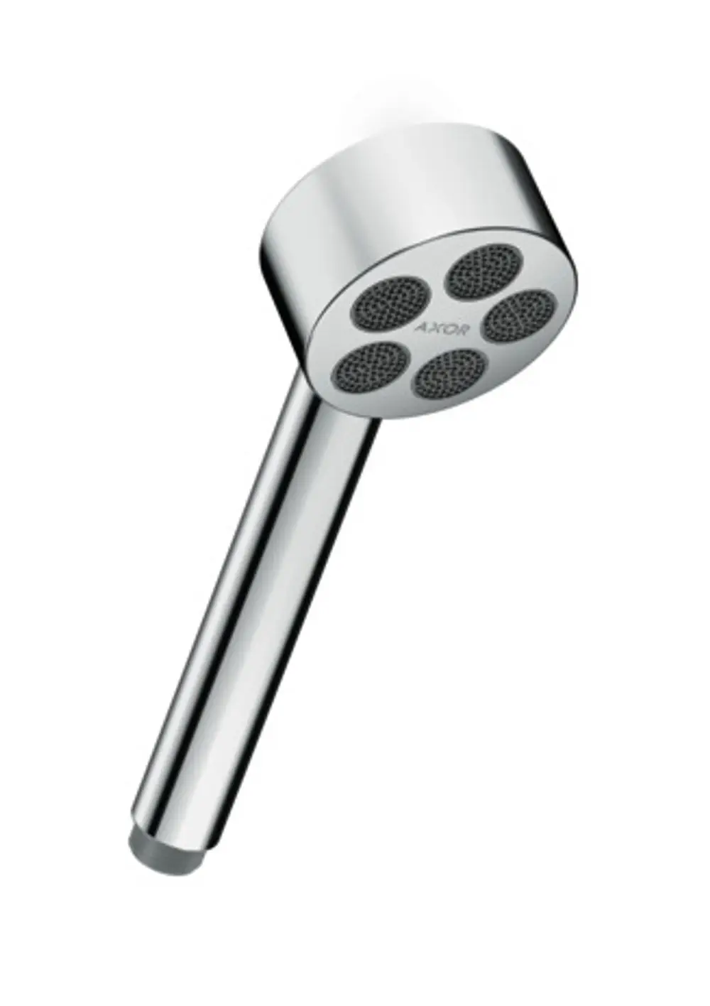 Handbrause von AXOR mit runder Kopfoberfläche und mehreren Strahlöffnungen, in glänzendem Chrom-Finish. Langer, schmaler Griff für eine einfache Handhabung.